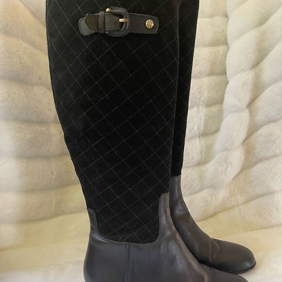 Isaac Mizrahi live black leather riding boots side zipper & top elastic size 9M - Picture 1 of 15